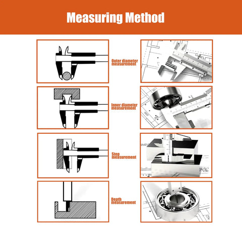 Diagram showing measurement methods for Pro Grade 12 Inch Vernier Caliper Stainless Steel Measuring Tool With Inside Outside Depth And Step Measurements 0 To 12 Inch 0 To 300 mm High Accuracy 0.001 Inch 0.02 mm Handy Precision Instrument