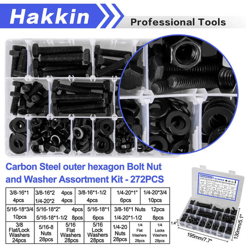 Tough As Nails 272 Piece Hex Bolts And Nuts Assortment Kit Featuring Black Grade 8.8 Carbon Steel hardware in organized box.