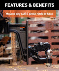 Two And A Half Inch Receiver Mount For Beefed Up Pintle Hook And Ball And Pintle Combos With Six Position Height Adjustment And Solid Steel Shank Fits Two And A Half Inch Square Receiver Tubes For Precise Trailer Leveling in use mounting a CURT pintle hitch.