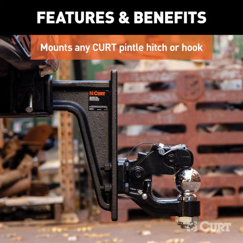 Two And A Half Inch Receiver Mount For Beefed Up Pintle Hook And Ball And Pintle Combos With Six Position Height Adjustment And Solid Steel Shank Fits Two And A Half Inch Square Receiver Tubes For Precise Trailer Leveling in use mounting a CURT pintle hitch.