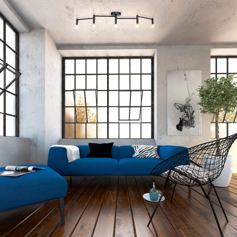Living room with Tempo Foldable Track Lighting Bar With 4 Pivoting Joints In Matte Black Finish 5 Light Adjustable Track Light