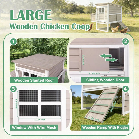 Two Story Outdoor Chicken Coop With Nesting Box And Pull Out Tray, 39.13 Inch Long Fir Wood Hen House For 1 To 3 Chickens, Grey