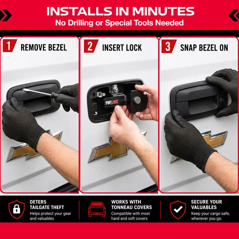 Installing Heavy Duty Manual Tailgate Lock for Chevy Silverado and GMC Sierra 1999 to 2007, showing 3-step process.