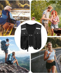 Collage with lightweight running vest backpack with water bottle holder and 3D mesh back surrounded by outdoor activity images.