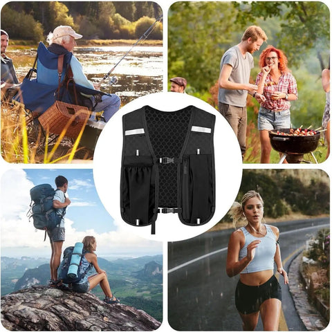 Collage with lightweight running vest backpack with water bottle holder and 3D mesh back surrounded by outdoor activity images.