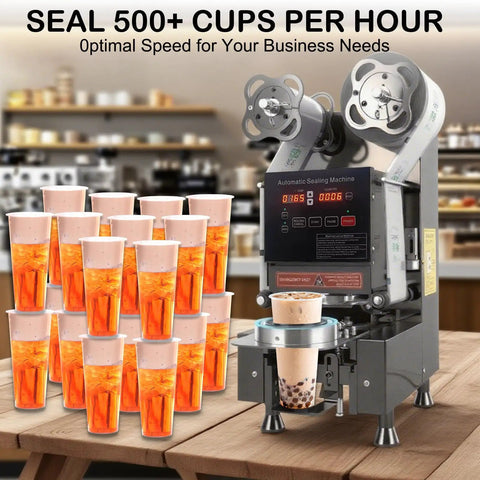 Ultra Fast Fully Automatic Cup Sealer Machine With 90 To 95mm Cups Digital LCD Control Panel 500 To 650 Cups Per Hour Leakproof Sealing L Shaped Thickened Body Pro Grade Built For Bubble Tea Coffee Drinks And Desserts in action sealing cups on a counter.