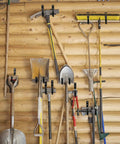 Beefy Heavy Duty Metal Wall Hooks Set Six Pack for garage organization holding tools on wooden wall mount.