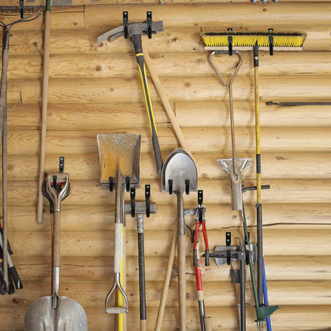 Beefy Heavy Duty Metal Wall Hooks Set Six Pack for garage organization holding tools on wooden wall mount.