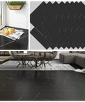 Black Marble Peel And Stick Floor Tiles 12 X 12 Inches Self Adhesive Vinyl Flooring Waterproof Durable For Kitchen Bathroom Basement Super Easy No Fuss Install 16 Pack Covers 15.5 Sq Ft, shown in modern living setting with table and sofa.
