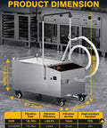 Heavy Duty Commercial Fryer Oil Filter Machine That Goes Hard With No Nonsense Five Layer Filtration For Top Tier Kitchen Cleaning And Smooth Operations dimensions showing 10 gallon tank and stainless steel build.