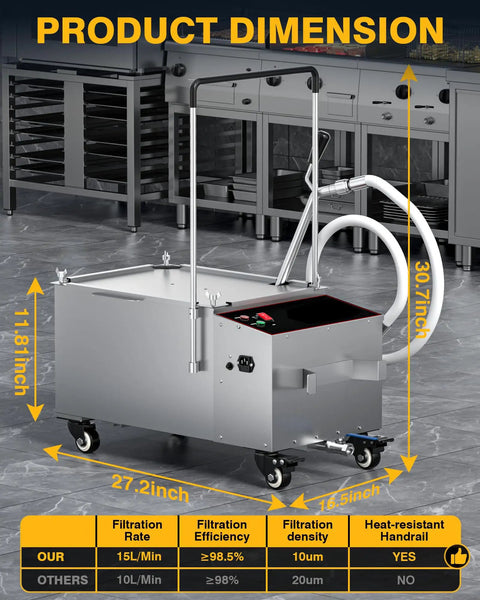 Heavy Duty Commercial Fryer Oil Filter Machine That Goes Hard With No Nonsense Five Layer Filtration For Top Tier Kitchen Cleaning And Smooth Operations dimensions showing 10 gallon tank and stainless steel build.