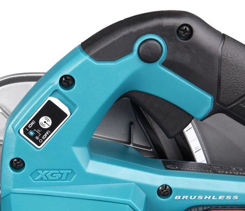 Heavy Hitter 40 Volt Cordless Circular Saw With Dual Five Amp Hour Battery Packs And A Precision 235 Millimeter Cutter Blade close-up of the handle and controls