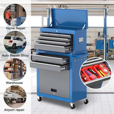 8 Drawer Rolling Tool Chest 42 Inch Heavy Duty Metal Cabinet On Wheels With Detachable Top Box Garage Workshop Storage For Repair Room And Warehouse Includes Hooks Liners Tray Divider And 550 Lb Load Capacity blue steel chest with open top box