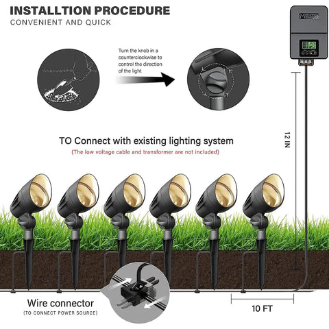 Installation guide for 4 Pack Low Voltage Outdoor Landscape Flood Lights 5W LED Kit, 400 Lumen Black Waterproof Spotlights showing wiring.
