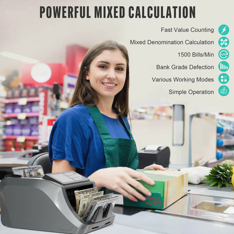 Cash Counting Machine With Bank Grade Counterfeit Detection UV MG IR DD, 3.5 Inch TFT Display in retail setting.