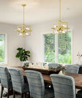 Dining room with Black And Gold Dope Industrial 8 Light Geometric Pendant Chandelier For Dining Room And Kitchen Island Modern Square Hanging Light Fixture Dimmable With LED Edison Incandescent Bulbs Bulbs Not Included above a wooden table.