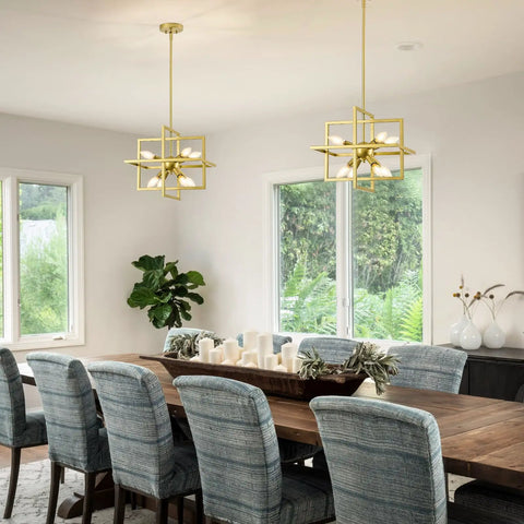 Dining room with Black And Gold Dope Industrial 8 Light Geometric Pendant Chandelier For Dining Room And Kitchen Island Modern Square Hanging Light Fixture Dimmable With LED Edison Incandescent Bulbs Bulbs Not Included above a wooden table.