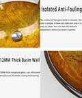 USZWBY Bathroom Vessel Sink,Tempered Glass Yellow Art Basin Round Bowl close-up of 12mm thick wall and smooth surface details.