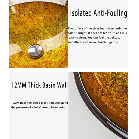USZWBY Bathroom Vessel Sink,Tempered Glass Yellow Art Basin Round Bowl close-up of 12mm thick wall and smooth surface details.