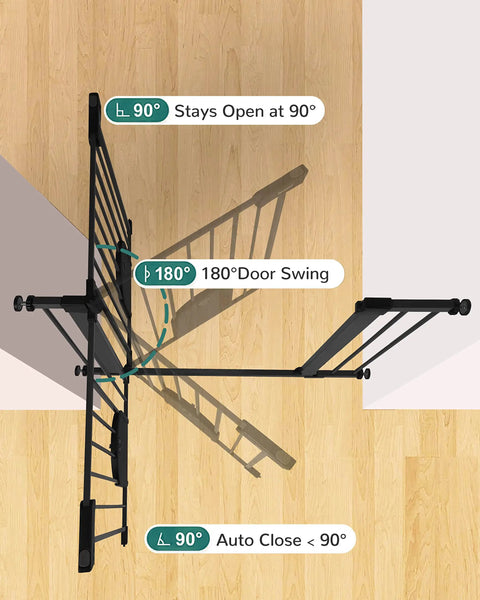 Top view of Wide Auto Close Baby Gate With Cat Door For Easy Walk Through Adjustable 29.7 To 40.6 Inches showing door swing angles.