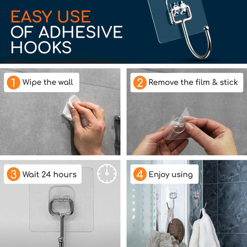 Steps to use No Drill Adhesive Wall Hooks For Heavy Duty 22-Pound Capacity, Clear And Nearly Invisible, Waterproof And Weatherproof