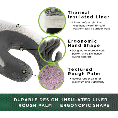 Close-up of insulated latex coated work gloves with rough grip for winter construction, showing thermal liner and ergonomic design.