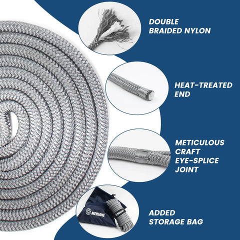 Marine Grade Dock Line Set Half Inch By Fifteen Foot Double Braided Nylon Boat Rope Gray Four Pack Soft Touch And Shock Absorbent
