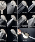 High Pressure Handheld Shower Head With 10 Settings displayed with various spray modes and detachable shower head kit
