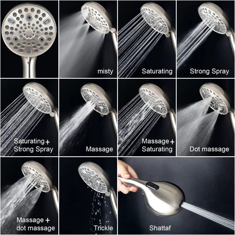 High Pressure Handheld Shower Head With 10 Settings displayed with various spray modes and detachable shower head kit