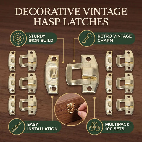 Bulk 100 Set Iron Toggle Hasp Latches With Screws For Jewelry Boxes Wood Cabinets And Storage Projects Yellow Heavy Duty Hardware Upgrade displayed with various angles and easy installation details.