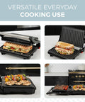 Alpha Living Electric Griddle Panini Press With Non Stick Coating, Stainless Steel 3 In 1 Sandwich Maker And Grill For Burgers And Veggies, multiple cooking options shown.