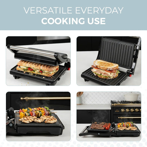 Alpha Living Electric Griddle Panini Press With Non Stick Coating, Stainless Steel 3 In 1 Sandwich Maker And Grill For Burgers And Veggies, multiple cooking options shown.