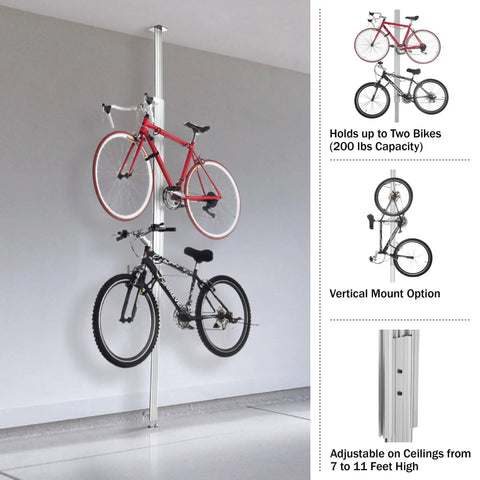 Aluminum Ceiling Bike Rack With Adjustable Height Mount For Two Bikes Heavy Duty Garage Storage And Display Stand Up To 200 Lbs Protects Ceiling With Top Plate Easy Install in use