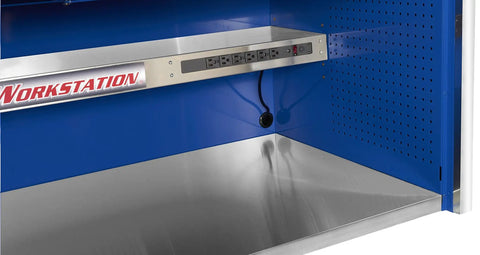 Beast Mode Fully Assembled Work Station Hutch Fifty Five Inches Wide With Ball Bearing Drawer Slides And Heavy Duty Stainless Steel Work Surface showing six outlet power strip.
