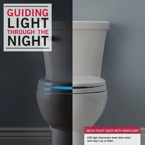 Elongated Nightlight Toilet Seat With Soft Close And Quick Release, Battery Powered Night Light For Bathrooms, Uses Four AA Batteries, Easy Install White shown in nighttime and daytime settings.