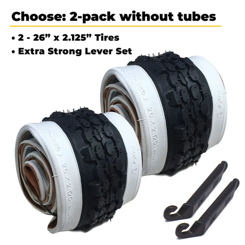 26 Inch White Wall Bicycle Tires For Beach Cruiser And Cruiser Bikes With Or Without Tubes 2 Pack Includes Tire Levers And Upgraded Replacement Parts For A Killer Ride. Image shows rolled tires and levers.
