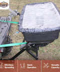 Hitch Mount Grass Seed Spreader With Rain Protector For ATV UTV Or Utility Tractor 12 Foot Broadcast Width 12 Volt Electric Spreader