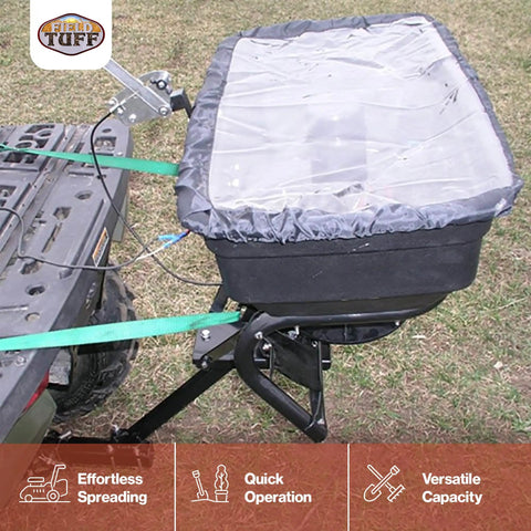 Hitch Mount Grass Seed Spreader With Rain Protector For ATV UTV Or Utility Tractor 12 Foot Broadcast Width 12 Volt Electric Spreader
