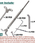 Adjustable Angle Marine Grade T316 Stainless Steel Cable Railing Kit components including turnbuckles and screws for wood posts.