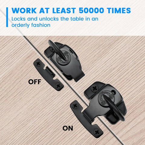 Sturdy Spring Table Locks Pair Designed Tight For Snappy Folding, Heavy Duty Zinc Alloy Drop Leaf Buckle Connectors For Expandable Dining Tables, No Fuss Rust Proof Furniture Hardware Installation Kit in ON and OFF positions.