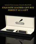 Luxurious Rollerball Pen With 24K Gold Trim And Schneider Ink Refill Gift Set in leather box inside view.