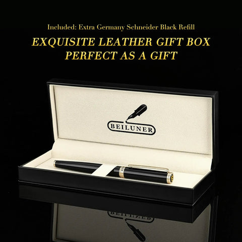 Luxurious Rollerball Pen With 24K Gold Trim And Schneider Ink Refill Gift Set in leather box inside view.