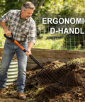 Man using Heavy Duty Garden Pitch Fork With 10 Tines And Wide Head 45 Inch Fiberglass Handle Durable Bedding Fork for compost