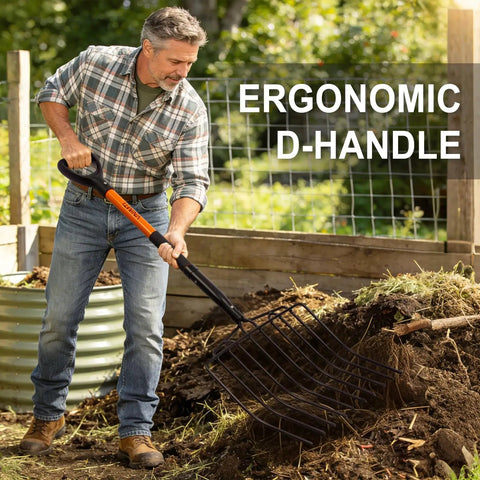 Man using Heavy Duty Garden Pitch Fork With 10 Tines And Wide Head 45 Inch Fiberglass Handle Durable Bedding Fork for compost