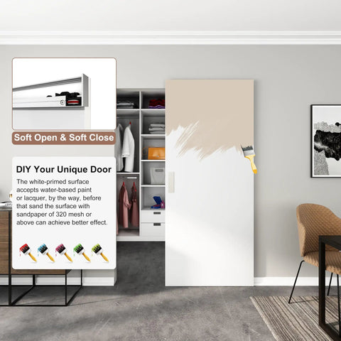 30X84 Inch Flush White Primed Barn Door With Invisible Hidden Track And Soft Close Hardware Kit, partially painted, in modern closet setting.
