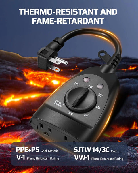 Heavy Duty Outdoor Timer Outlet Waterproof Dusk To Dawn Sensor Switch with dual plugs and control dial on dark background.