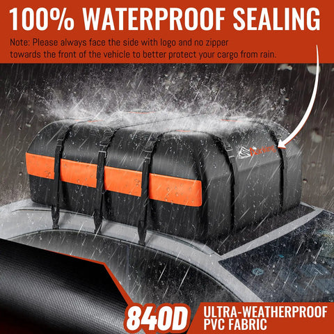Road Trip Ready Rooftop Cargo Carrier Bag 15 Cubic Feet Waterproof Heavy Duty 840D Car Roof Bag with rain protection demonstration