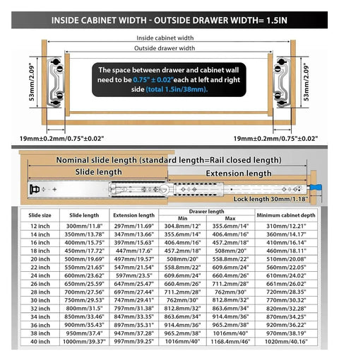 Drawer Slide For Universal Cabinet 53mm Full Extension Rail With Side Mount Installation Built In Ball Bearing Smooth Glide Heavy Duty Track With Optional Lock For Flexible Storage Needs, diagram