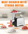 Electric Meat Grinder With Stainless Steel Sausage Stuffer Kit displayed on counter with ground meat varieties.