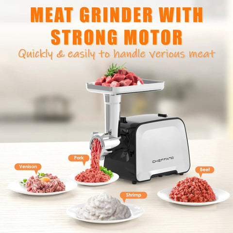 Electric Meat Grinder With Stainless Steel Sausage Stuffer Kit displayed on counter with ground meat varieties.